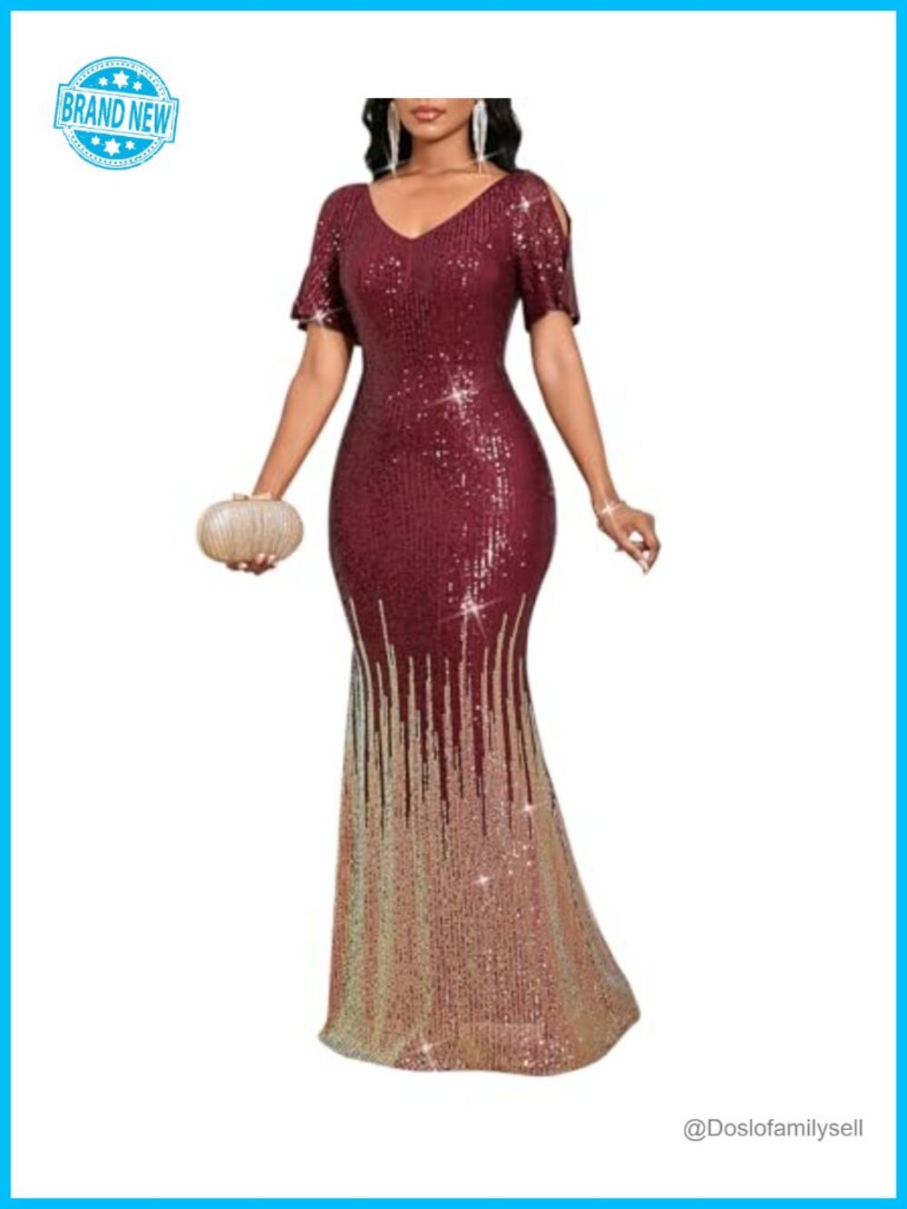 Sequin Short Sleeve Bodycon Maxi Evening Gown Formal Prom Dress